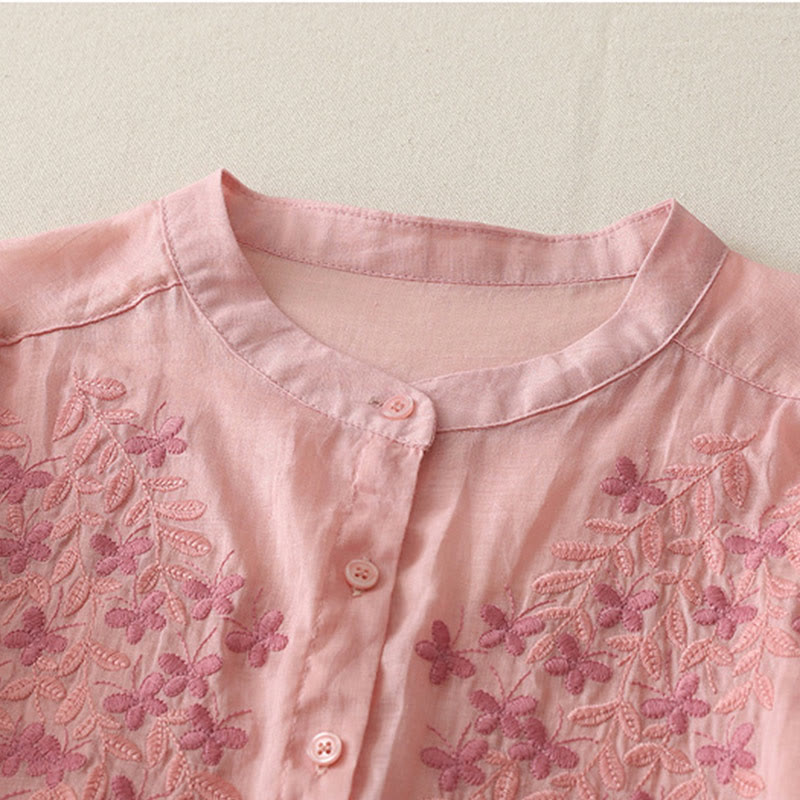 Koszula damska z bawełny i lnu, haftowane kwiaty, jednorzędowa, z Buddha Stones - image 37