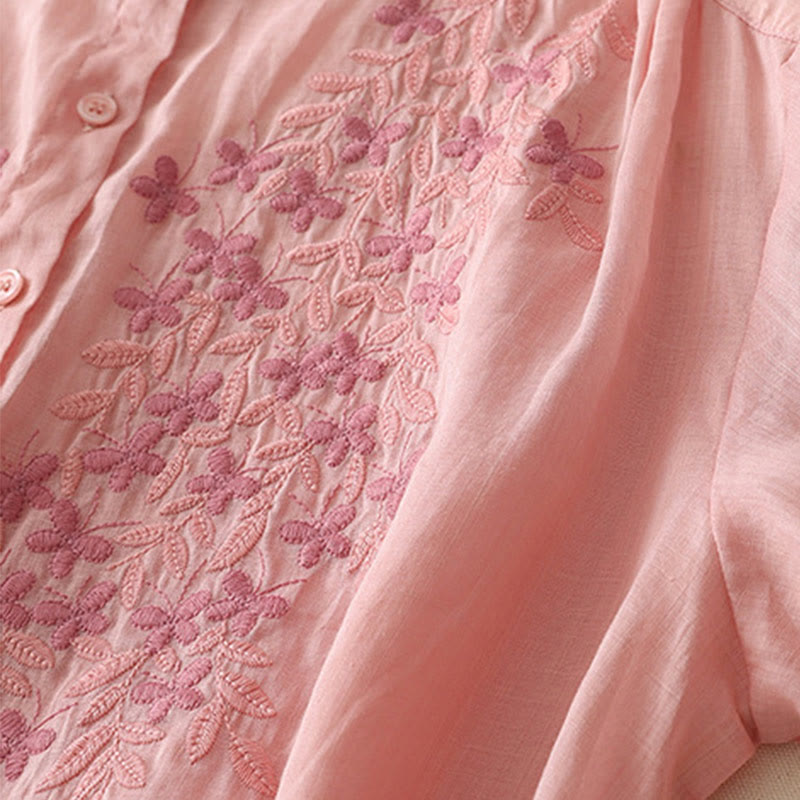 Koszula damska z bawełny i lnu, haftowane kwiaty, jednorzędowa, z Buddha Stones - image 35