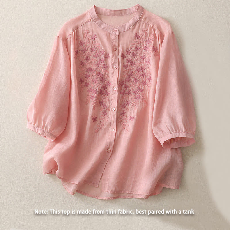 Koszula damska z bawełny i lnu, haftowane kwiaty, jednorzędowa, z Buddha Stones - image 27