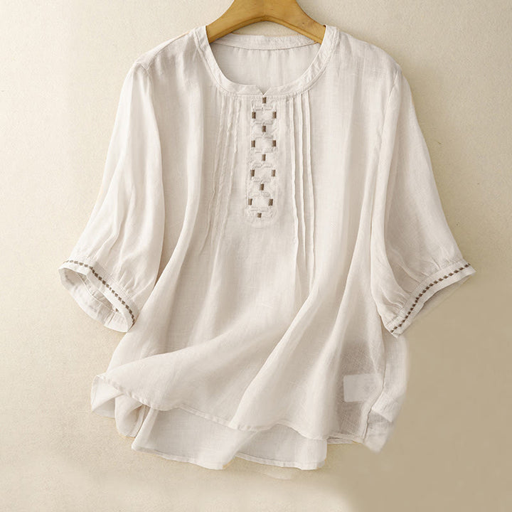 Damska bawełniana lniana koszulka z krótkim rękawem i haftowanymi Buddha Stones , z okrągłym dekoltem i plisami - Beżowy - US14, UK/AU18, EU46 (2XL) - image 0