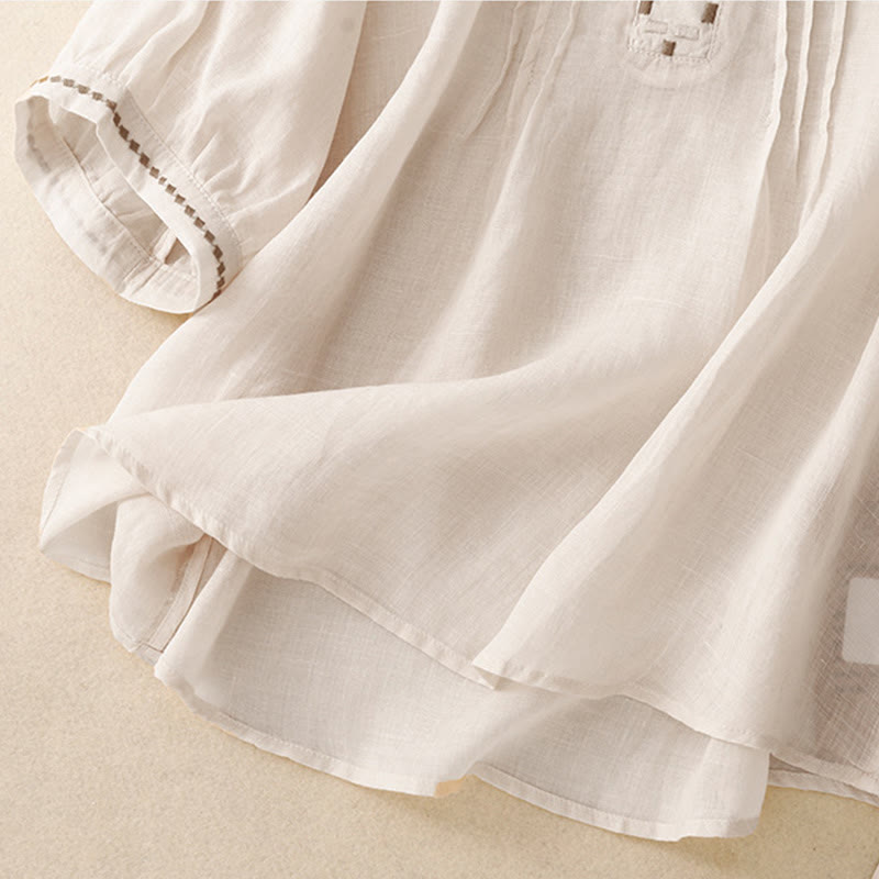 Damska bawełniana lniana koszulka z krótkim rękawem i haftowanymi Buddha Stones , z okrągłym dekoltem i plisami - image 10