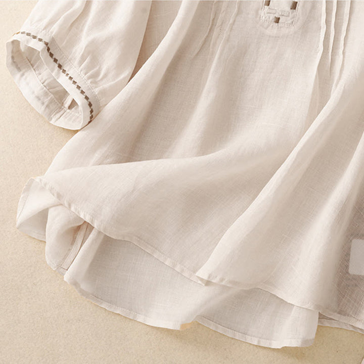 Damska bawełniana lniana koszulka z krótkim rękawem i haftowanymi Buddha Stones , z okrągłym dekoltem i plisami - image 10