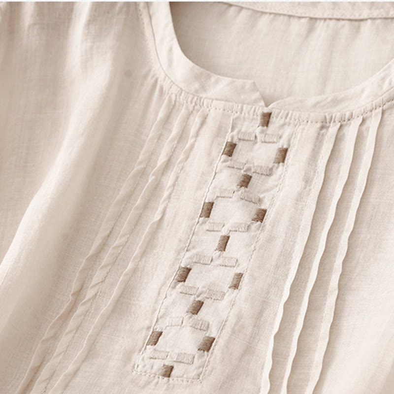 Damska bawełniana lniana koszulka z krótkim rękawem i haftowanymi Buddha Stones , z okrągłym dekoltem i plisami - image 9