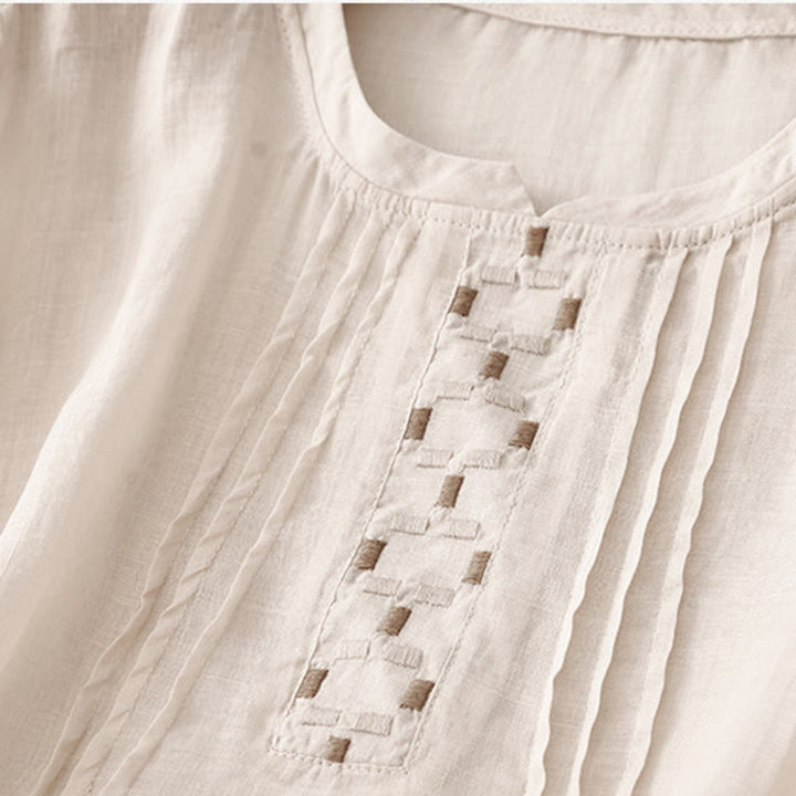 Damska bawełniana lniana koszulka z krótkim rękawem i haftowanymi Buddha Stones , z okrągłym dekoltem i plisami - image 9