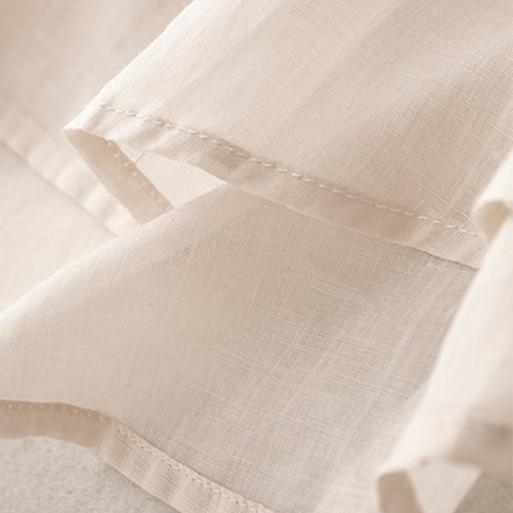 Damska bawełniana lniana koszulka z krótkim rękawem i haftowanymi Buddha Stones , z okrągłym dekoltem i plisami - image 6