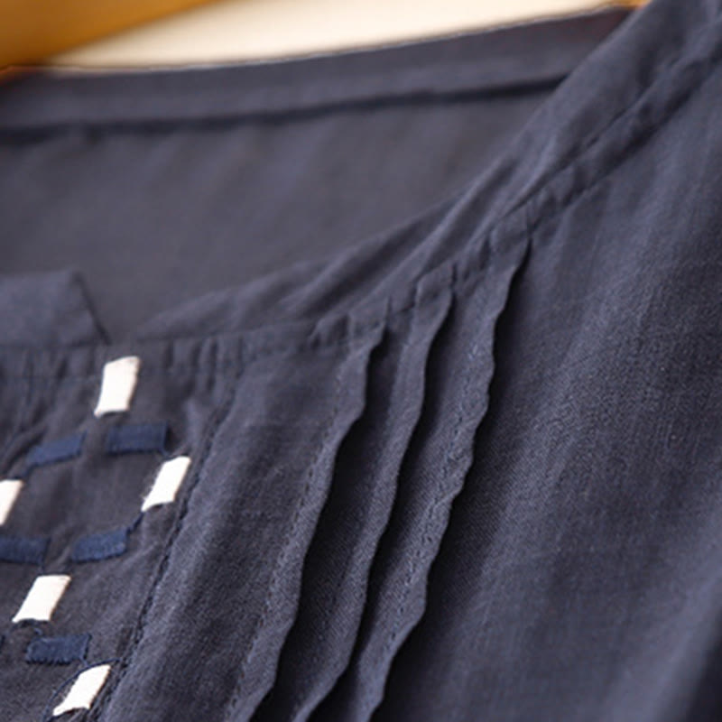 Damska bawełniana lniana koszulka z krótkim rękawem i haftowanymi Buddha Stones , z okrągłym dekoltem i plisami - image 14