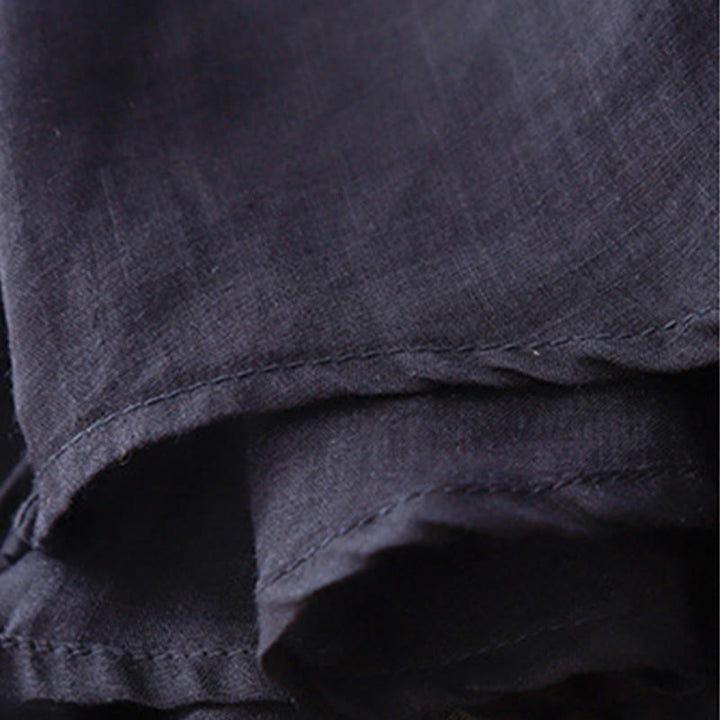 Damska bawełniana lniana koszulka z krótkim rękawem i haftowanymi Buddha Stones , z okrągłym dekoltem i plisami - image 13