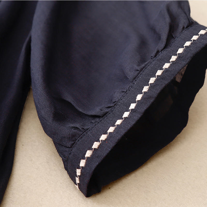 Damska bawełniana lniana koszulka z krótkim rękawem i haftowanymi Buddha Stones , z okrągłym dekoltem i plisami - image 17