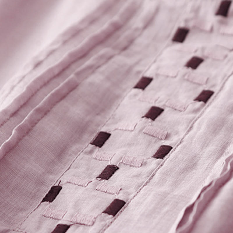 Damska bawełniana lniana koszulka z krótkim rękawem i haftowanymi Buddha Stones , z okrągłym dekoltem i plisami - image 20