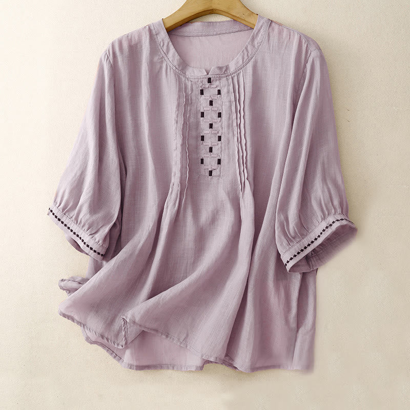 Damska bawełniana lniana koszulka z krótkim rękawem i haftowanymi Buddha Stones , z okrągłym dekoltem i plisami - Śliwka - US14, UK/AU18, EU46 (2XL) - image 18