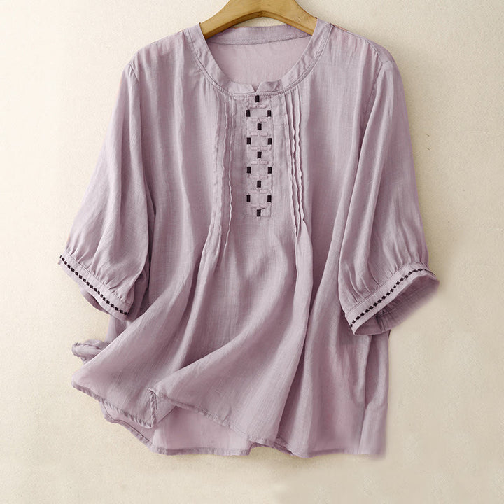 Damska bawełniana lniana koszulka z krótkim rękawem i haftowanymi Buddha Stones , z okrągłym dekoltem i plisami - Śliwka - US14, UK/AU18, EU46 (2XL) - image 18