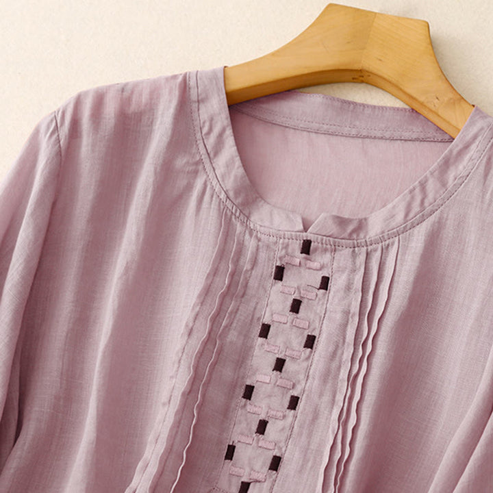 Damska bawełniana lniana koszulka z krótkim rękawem i haftowanymi Buddha Stones , z okrągłym dekoltem i plisami - image 24