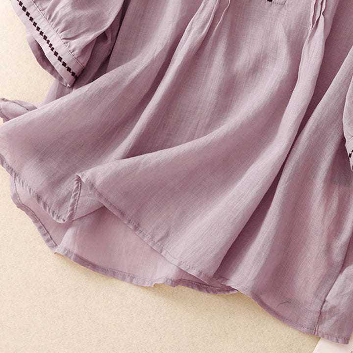 Damska bawełniana lniana koszulka z krótkim rękawem i haftowanymi Buddha Stones , z okrągłym dekoltem i plisami - image 23