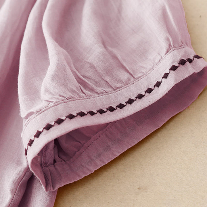 Damska bawełniana lniana koszulka z krótkim rękawem i haftowanymi Buddha Stones , z okrągłym dekoltem i plisami - image 22