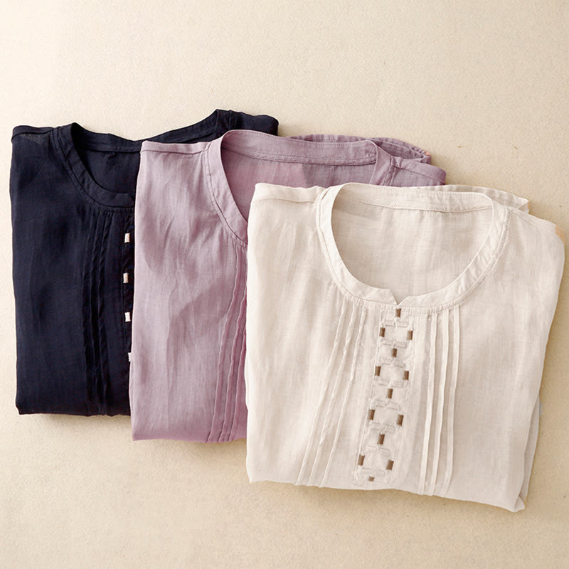 Damska bawełniana lniana koszulka z krótkim rękawem i haftowanymi Buddha Stones , z okrągłym dekoltem i plisami - image 25