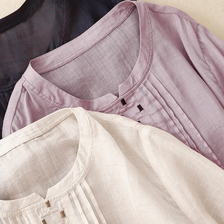 Damska bawełniana lniana koszulka z krótkim rękawem i haftowanymi Buddha Stones , z okrągłym dekoltem i plisami - image 26