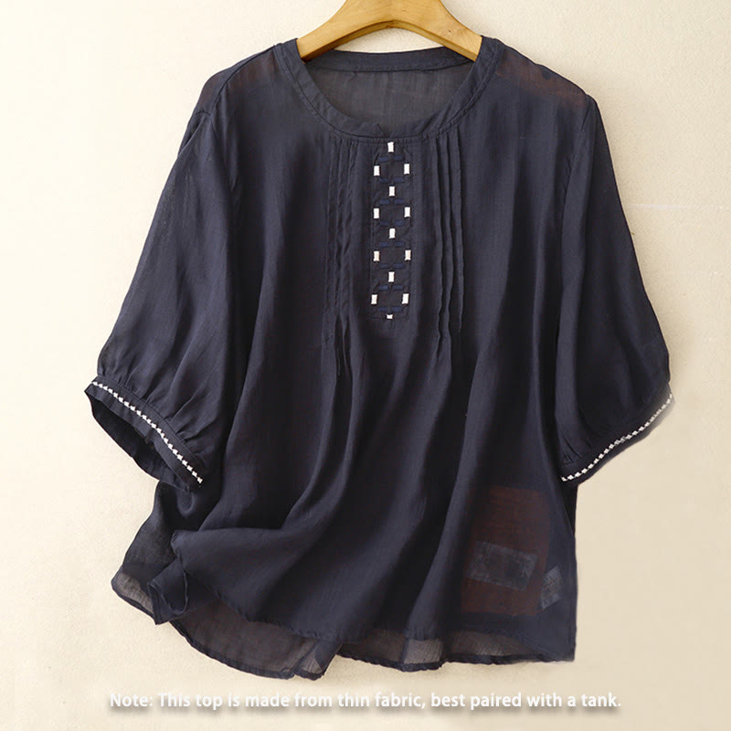 Damska bawełniana lniana koszulka z krótkim rękawem i haftowanymi Buddha Stones , z okrągłym dekoltem i plisami - image 12