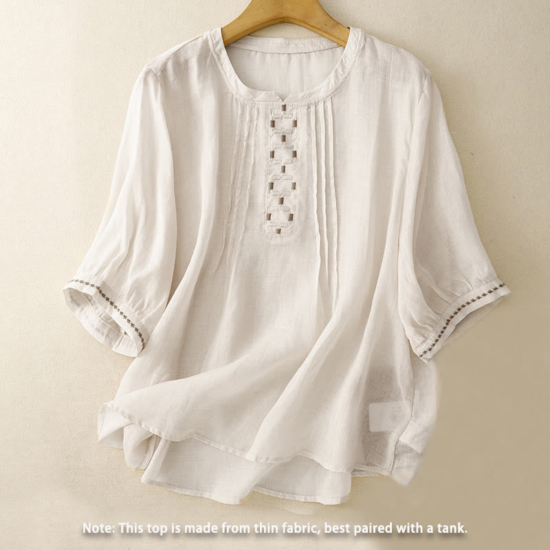 Damska bawełniana lniana koszulka z krótkim rękawem i haftowanymi Buddha Stones , z okrągłym dekoltem i plisami - image 1