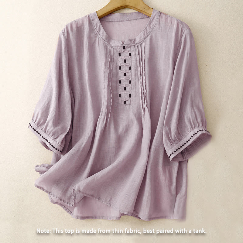 Damska bawełniana lniana koszulka z krótkim rękawem i haftowanymi Buddha Stones , z okrągłym dekoltem i plisami - image 19