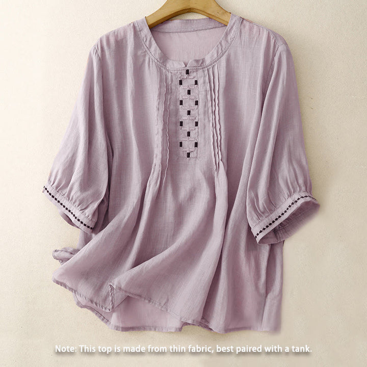 Damska bawełniana lniana koszulka z krótkim rękawem i haftowanymi Buddha Stones , z okrągłym dekoltem i plisami - image 19