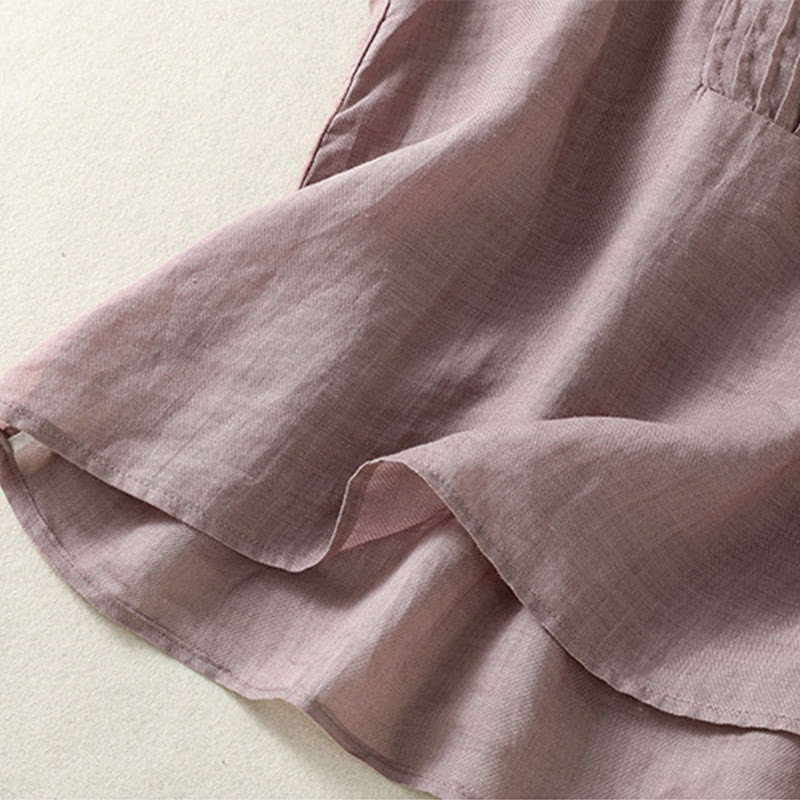 Koszula damska z bawełny i lnu z krótkim rękawem i plisami, bez rękawów i z Buddha Stones - image 5