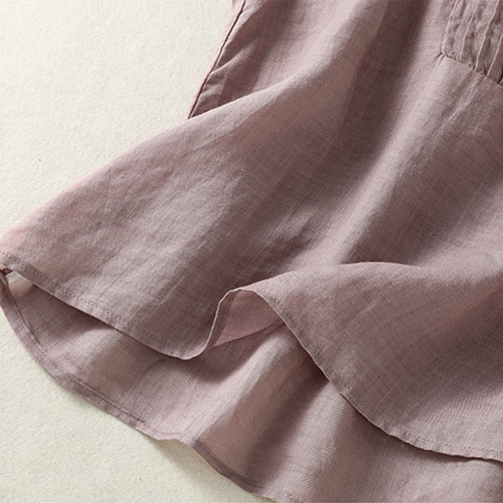 Koszula damska z bawełny i lnu z krótkim rękawem i plisami, bez rękawów i z Buddha Stones - image 5