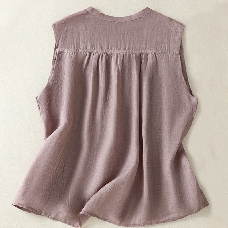 Koszula damska z bawełny i lnu z krótkim rękawem i plisami, bez rękawów i z Buddha Stones - image 1