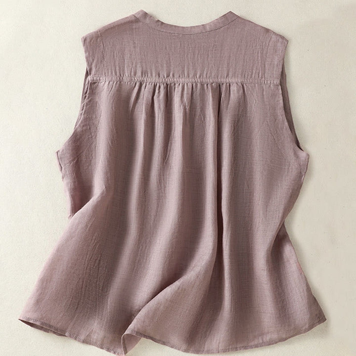 Koszula damska z bawełny i lnu z krótkim rękawem i plisami, bez rękawów i z Buddha Stones - image 1