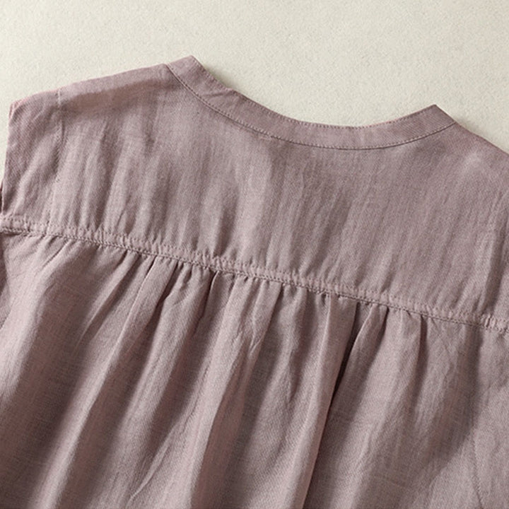 Koszula damska z bawełny i lnu z krótkim rękawem i plisami, bez rękawów i z Buddha Stones - image 7