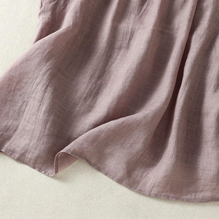 Koszula damska z bawełny i lnu z krótkim rękawem i plisami, bez rękawów i z Buddha Stones - image 4