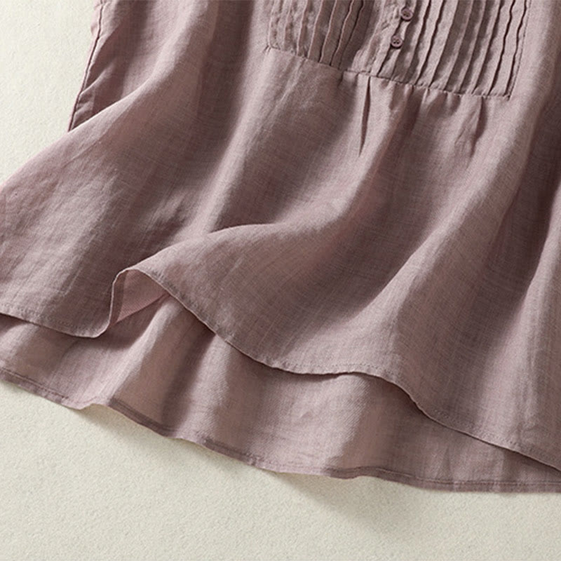 Koszula damska z bawełny i lnu z krótkim rękawem i plisami, bez rękawów i z Buddha Stones - image 2