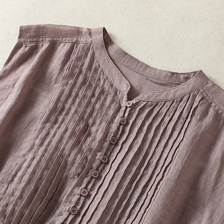 Koszula damska z bawełny i lnu z krótkim rękawem i plisami, bez rękawów i z Buddha Stones - image 3