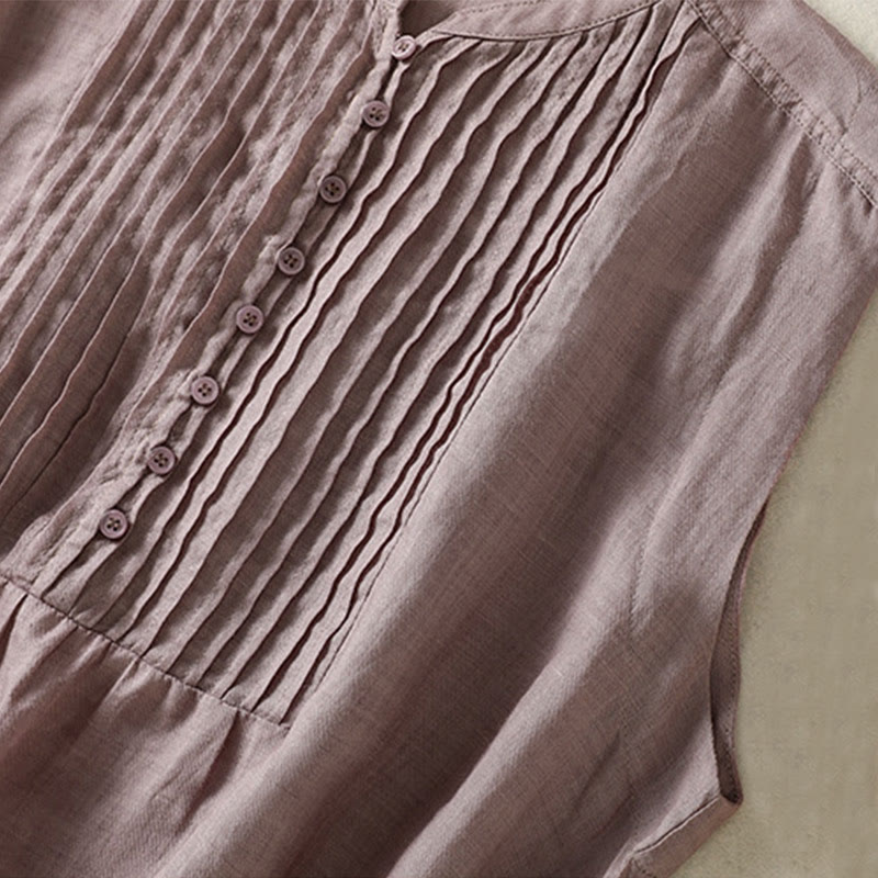 Koszula damska z bawełny i lnu z krótkim rękawem i plisami, bez rękawów i z Buddha Stones - image 8