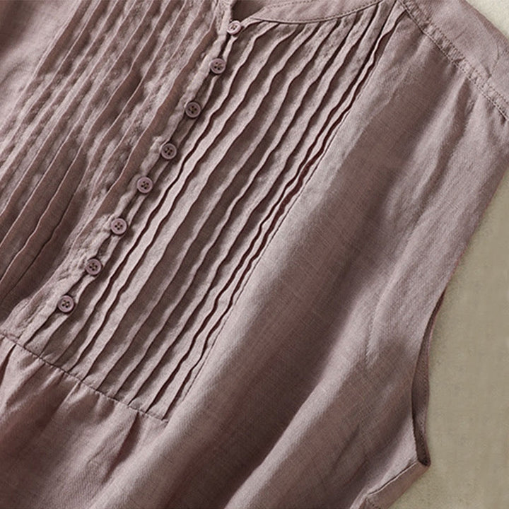 Koszula damska z bawełny i lnu z krótkim rękawem i plisami, bez rękawów i z Buddha Stones - image 8