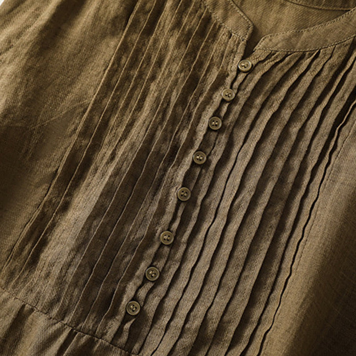 Koszula damska z bawełny i lnu z krótkim rękawem i plisami, bez rękawów i z Buddha Stones - image 17