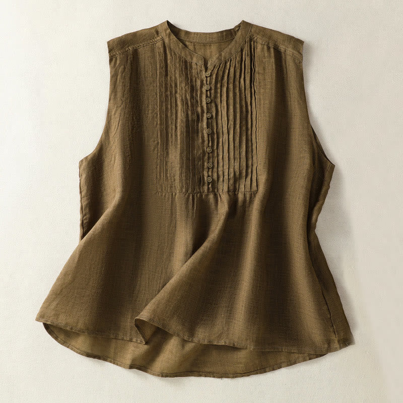 Koszula damska z bawełny i lnu z krótkim rękawem i plisami, bez rękawów i z Buddha Stones - Oliwka - US14, UK/AU18, EU46 (2XL) - image 9