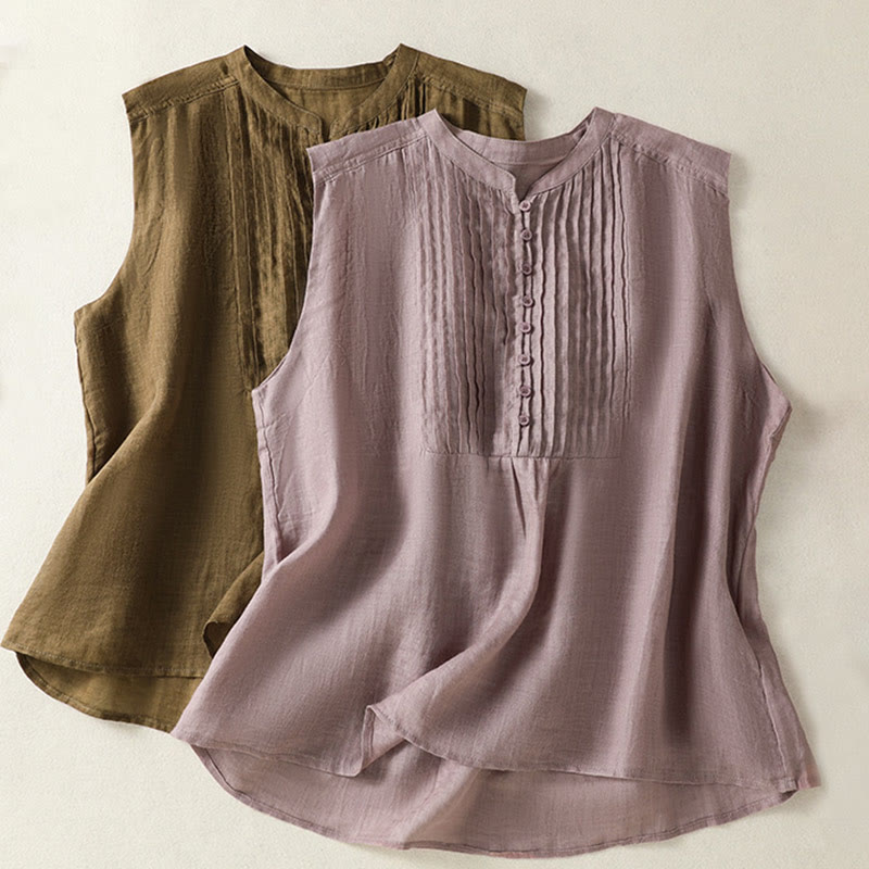 Koszula damska z bawełny i lnu z krótkim rękawem i plisami, bez rękawów i z Buddha Stones - image 18