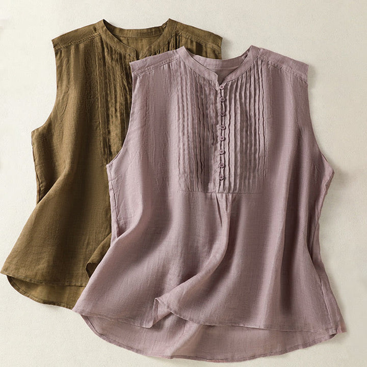 Koszula damska z bawełny i lnu z krótkim rękawem i plisami, bez rękawów i z Buddha Stones - image 18