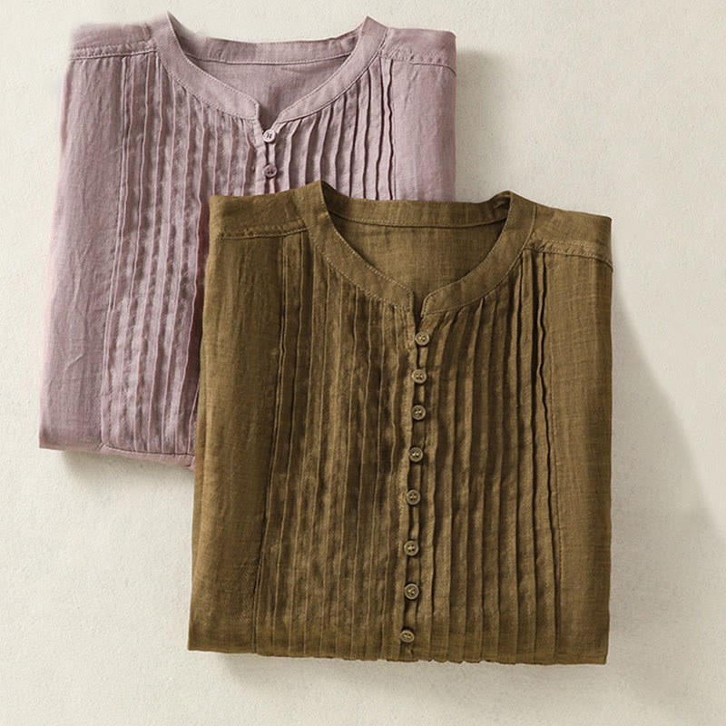 Koszula damska z bawełny i lnu z krótkim rękawem i plisami, bez rękawów i z Buddha Stones - image 19