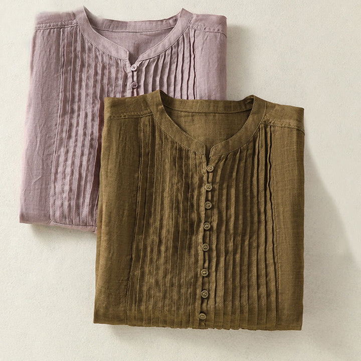 Koszula damska z bawełny i lnu z krótkim rękawem i plisami, bez rękawów i z Buddha Stones - image 19