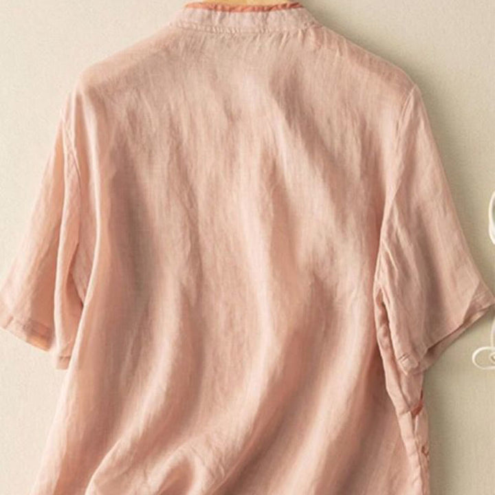 Koszula damska z bawełny i lnu z haftowanym kołnierzykiem i żabim guzikiem w stylu „Buddha Stones” - image 7