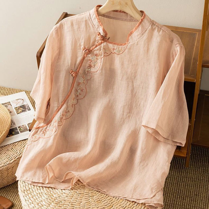 Koszula damska z bawełny i lnu z haftowanym kołnierzykiem i żabim guzikiem w stylu „Buddha Stones” - image 4