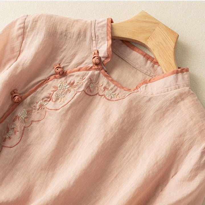 Koszula damska z bawełny i lnu z haftowanym kołnierzykiem i żabim guzikiem w stylu „Buddha Stones” - image 5