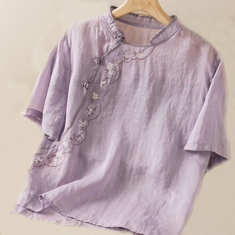 Koszula damska z bawełny i lnu z haftowanym kołnierzykiem i żabim guzikiem w stylu „Buddha Stones” - image 17