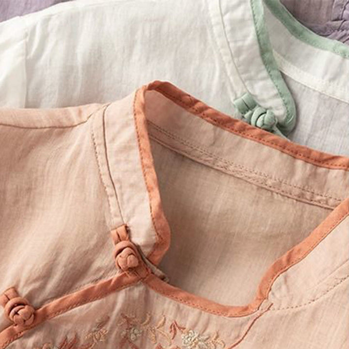 Koszula damska z bawełny i lnu z haftowanym kołnierzykiem i żabim guzikiem w stylu „Buddha Stones” - image 18