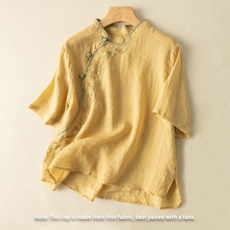 Koszula damska z bawełny i lnu z haftowanym kołnierzykiem i żabim guzikiem w stylu „Buddha Stones” - image 1