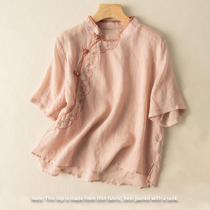 Koszula damska z bawełny i lnu z haftowanym kołnierzykiem i żabim guzikiem w stylu „Buddha Stones” - image 3