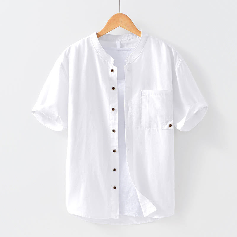 Koszula męska z krótkim rękawem z bawełny i lnu z kieszenią i prostym wzorem "Buddha Stones" z guzikami - Biały - US/UK/AU42， EU52 (3XL) - image 7
