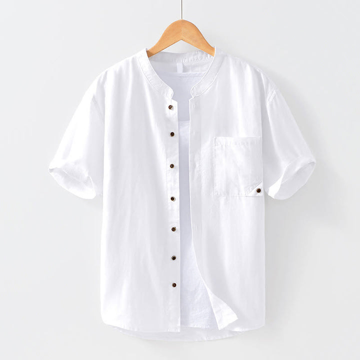 Koszula męska z krótkim rękawem z bawełny i lnu z kieszenią i prostym wzorem "Buddha Stones" z guzikami - Biały - US/UK/AU42， EU52 (3XL) - image 7