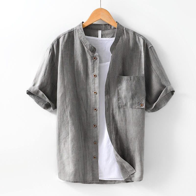 Koszula męska z krótkim rękawem z bawełny i lnu z kieszenią i prostym wzorem "Buddha Stones" z guzikami - Szary - US/UK/AU42， EU52 (3XL) - image 1